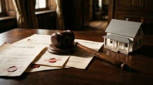 Gavel on auctioned property documents with small house model