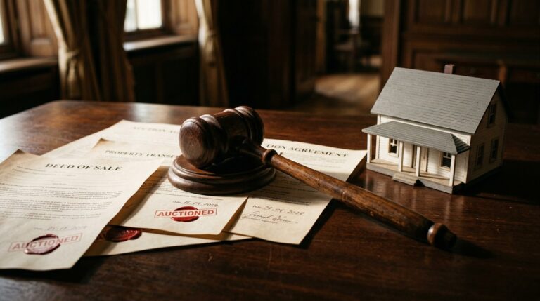 Gavel on auctioned property documents with small house model